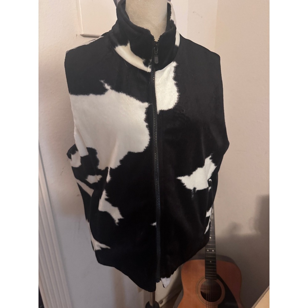 Barrage Authentic Cow Print Fleece Vest Black White Full Zip Mock Neck XL Canada